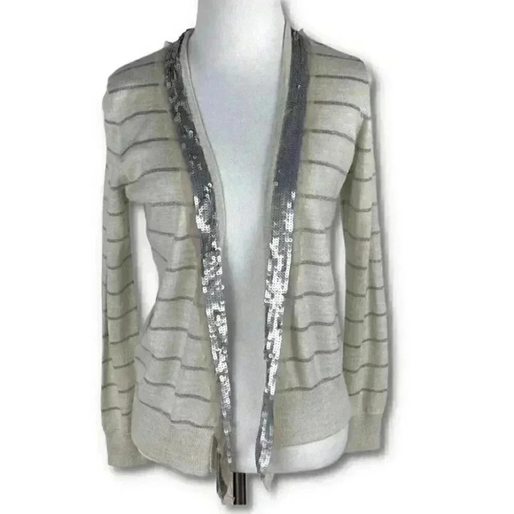 Ann Taylor petites sweater sz MP silver gray metallic 47% wool striped cardigan - Picture 9 of 9